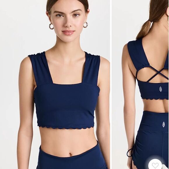 NWT Free People Suns Out Cami Blue Navy Cropped Tank Crisscross Scalloped Hem - Picture 1 of 12